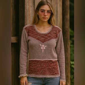 Vintage granny Pink Red Knit Sweater with Floral appliqué Detail wool blend